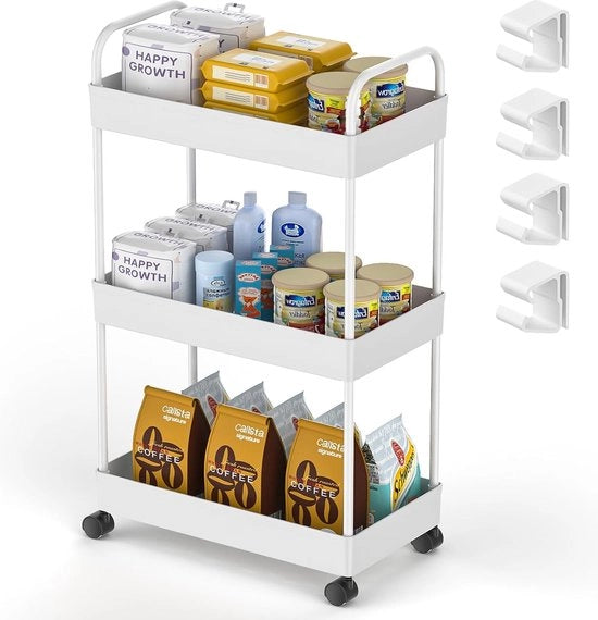 Carrello da cucina, 3 livelli, carrello da servizio, carrello di archiviazione, carrello da snack mobile, carrello da bagno, carrello multifunzionale con maniglia, ganci, carrello da cucina, ripiano su ruote, per cucina, camera da letto