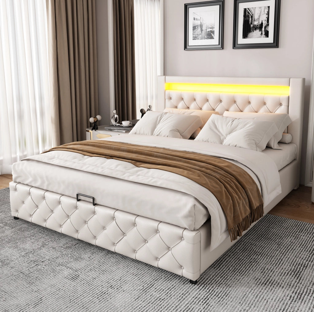 Letto imbottito 160x200 cm; contenitore e LED; PU bianco (Senza materasso)