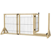 CANCELLETTO PER CANI ESTENSIBILE CON PORTA E 2 PANNELLI, PIEDINI TRIANGOLARI, 112-159X70 CM, LEGNO NATURALE