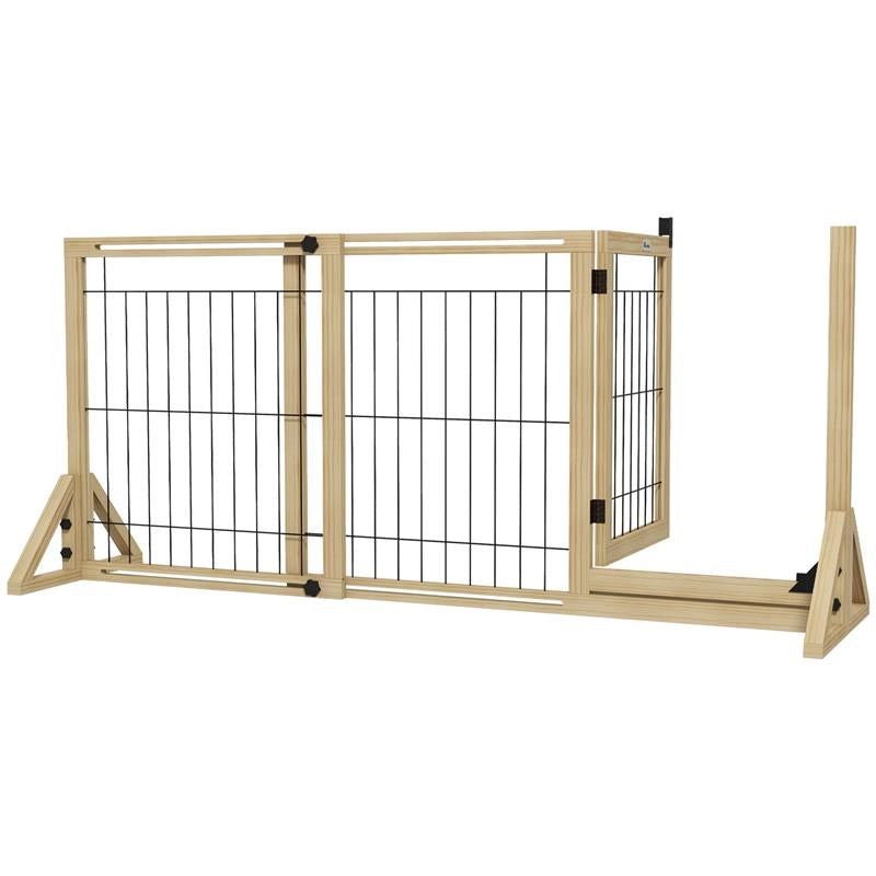 CANCELLETTO PER CANI ESTENSIBILE CON PORTA E 2 PANNELLI, PIEDINI TRIANGOLARI, 112-159X70 CM, LEGNO NATURALE