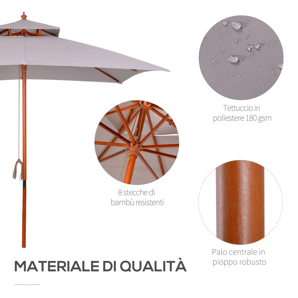 Ombrellone da Giardino 300x300x297H cm con 8 Stecche e Copertura Parasole a 2 Livelli in Bambù Grigio