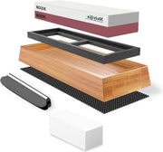 Pietra abrasiva a doppia faccia con pietra di levigatura - Guida angolare - Base in bambù - Piastra in silicone - 3000 grit - 8000 grit - Set da 2 pezzi