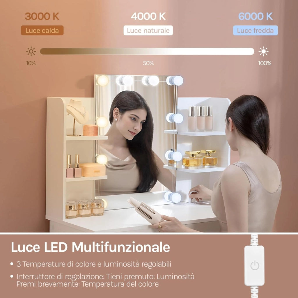 Toeletta da Trucco con Specchio LED, con 2 Prese di Corrente, Postazione Trucco con 2 Cassetti 4 Ripiani, Bianco, 90x135x40 cm, MB6123ws