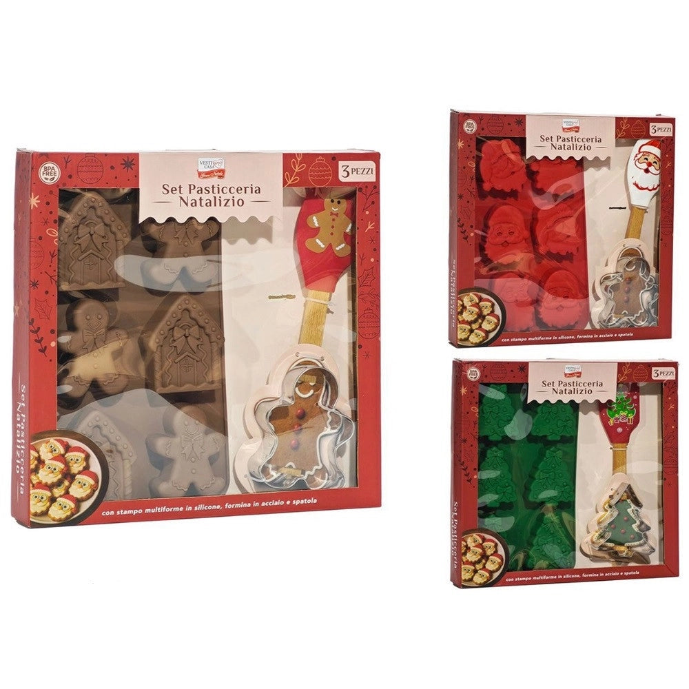 Trade Shop - Set Per Pasticceria Natalizio 3pz Stampo Multiforme In Silicone Formina In Acciaio Spatola -