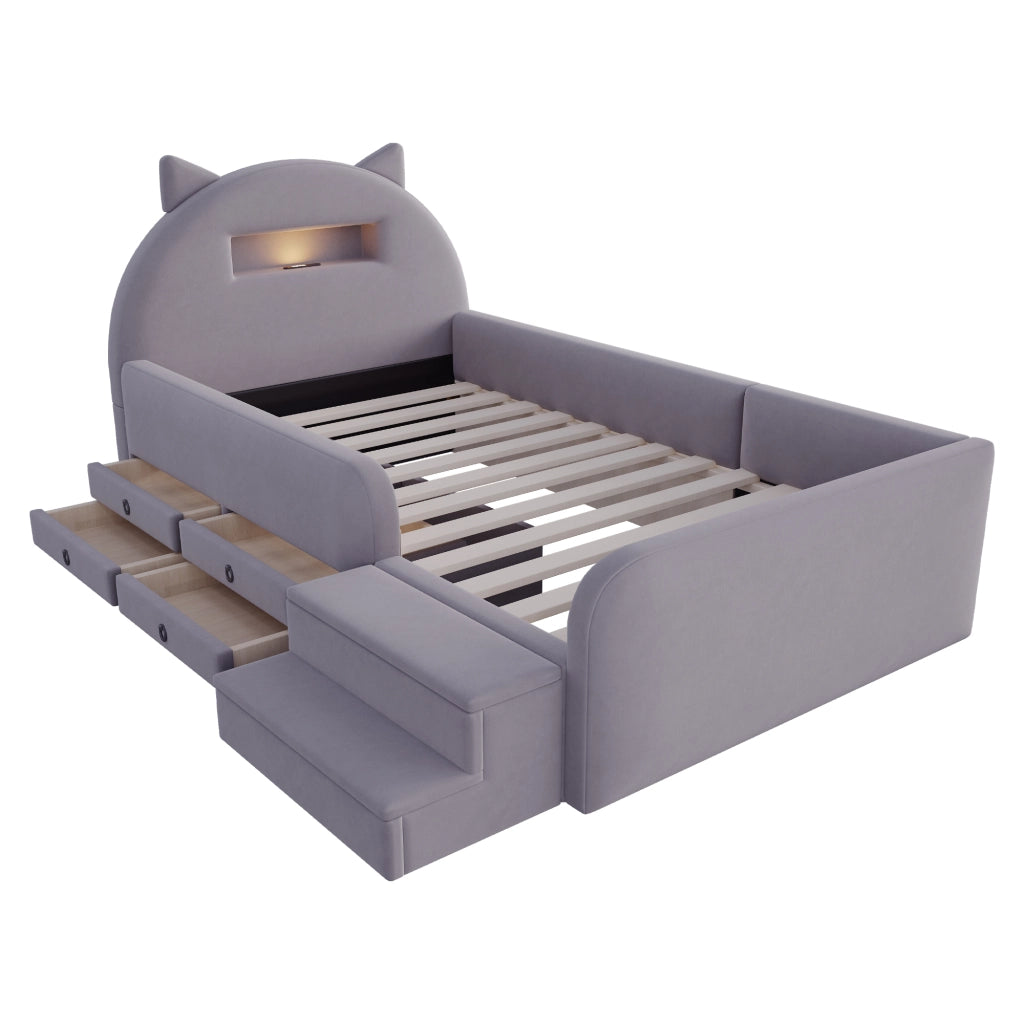 DESMIU Letto per bambini 90 × 200 cm 1 posto con 4 cassetti, USB, luce notturna e pedana removibile, senza materasso