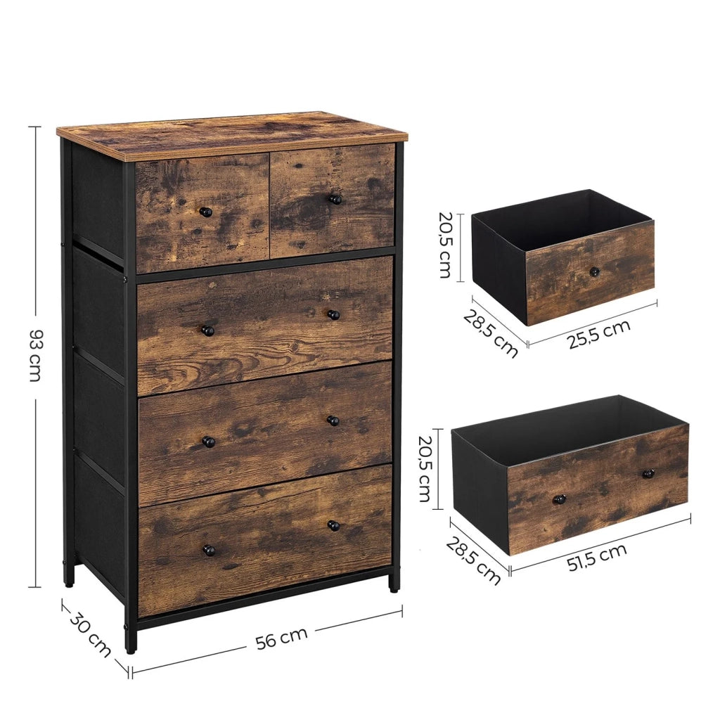 Cassettiera contenitore con 5 cassetti frontali e piano in MDF stile industriale per soggiorno corridoio cameretta bambini marrone 12_0005211