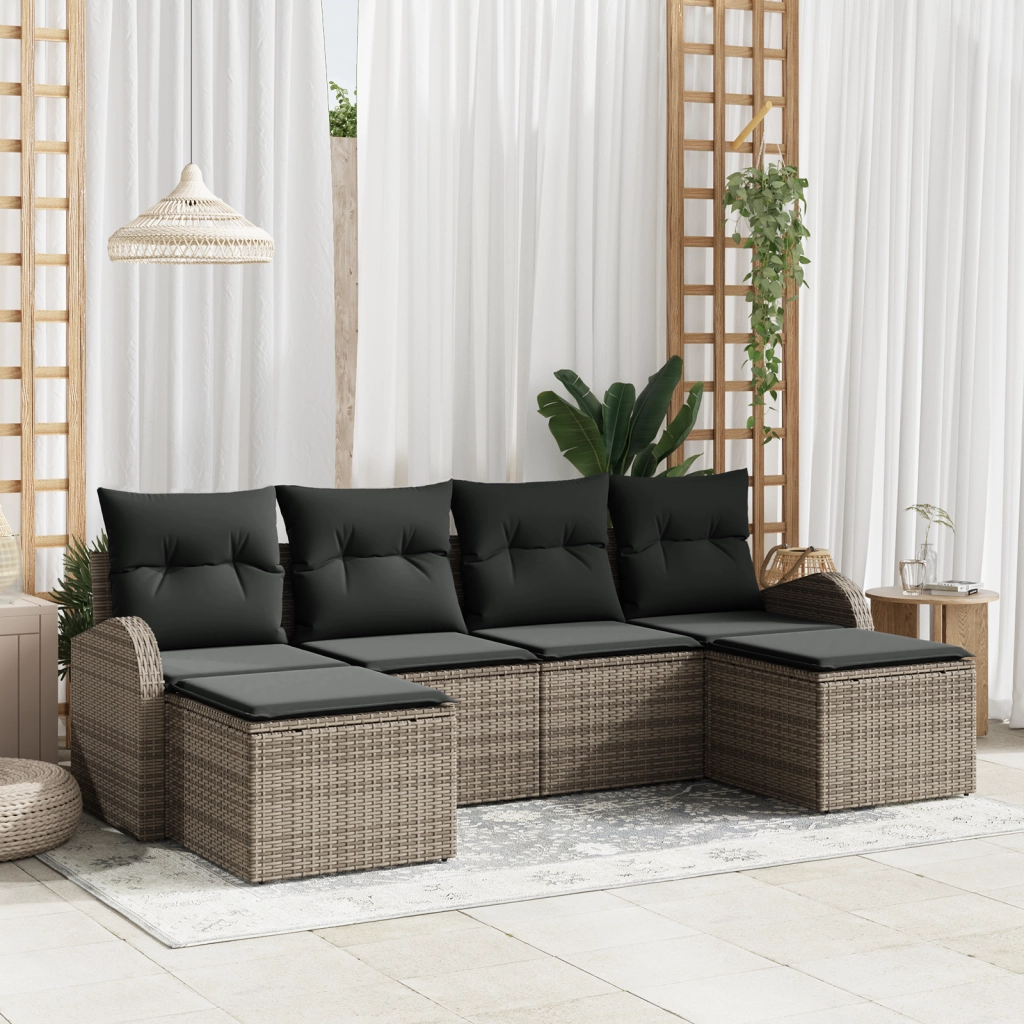 Set di divani da giardino 6 pezzi con cuscini grigi in polyrattan