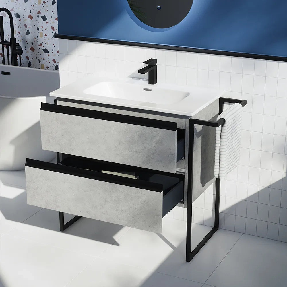 Mobile bagno a terra 100cm grigio cemento con lavabo in ceramica | Sapo