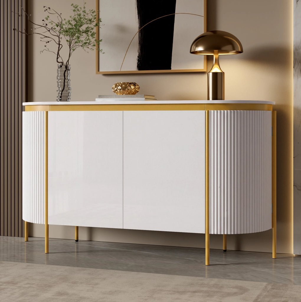 Credenza ovale 140x38x80 cm con 4 ante e passacavi bianca HOMVRA