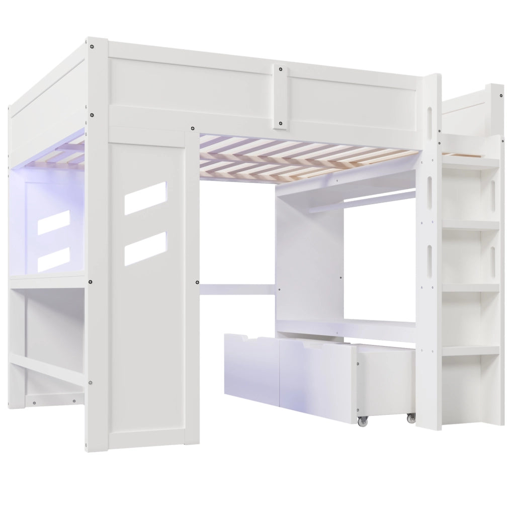 Letto a soppalco ULEVR 140x200 cm con scrivania, 2 cassetti, LED, USB e Type-C, bianco
