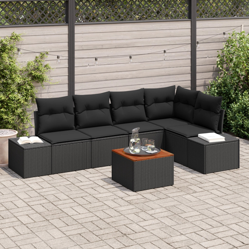 Set Divano da Giardino da 6 Pezzi con Cuscini Nero Polyrattan Acacia