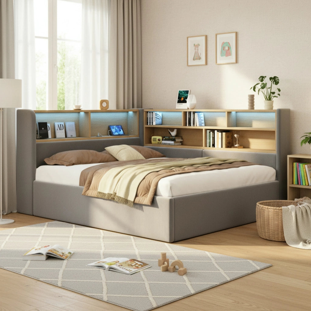 OKWISH Letto a Divano 140×200 cm, Letto Matrimoniale con Contenitore Idraulico, LED Regolabile, USB e Tipo C, senza Materasso, in Velluto, Grigio