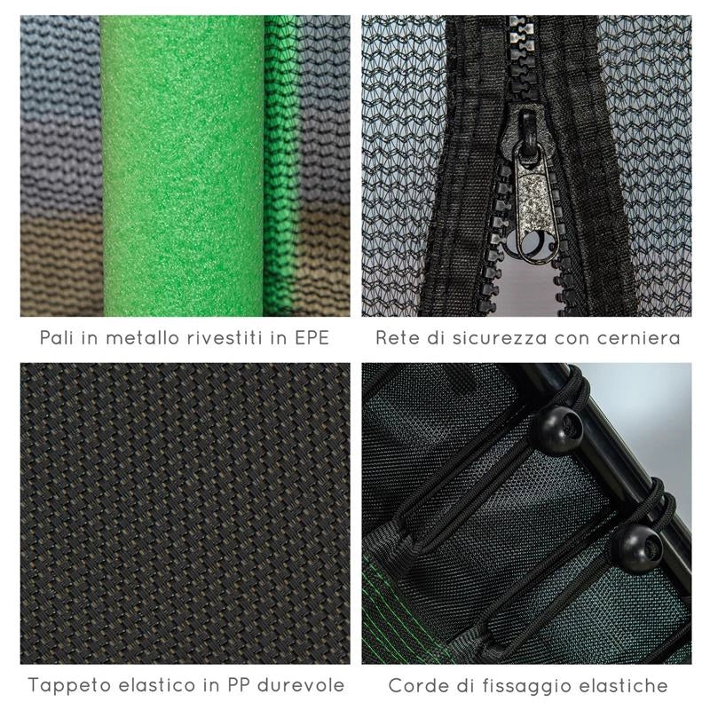 TRAMPOLINO ELASTICO PER BAMBINI 3-10 ANNI CON INGRESSO A CERNIERA E PALI IMBOTTITI, Ï163.5X190 CM, VERDE