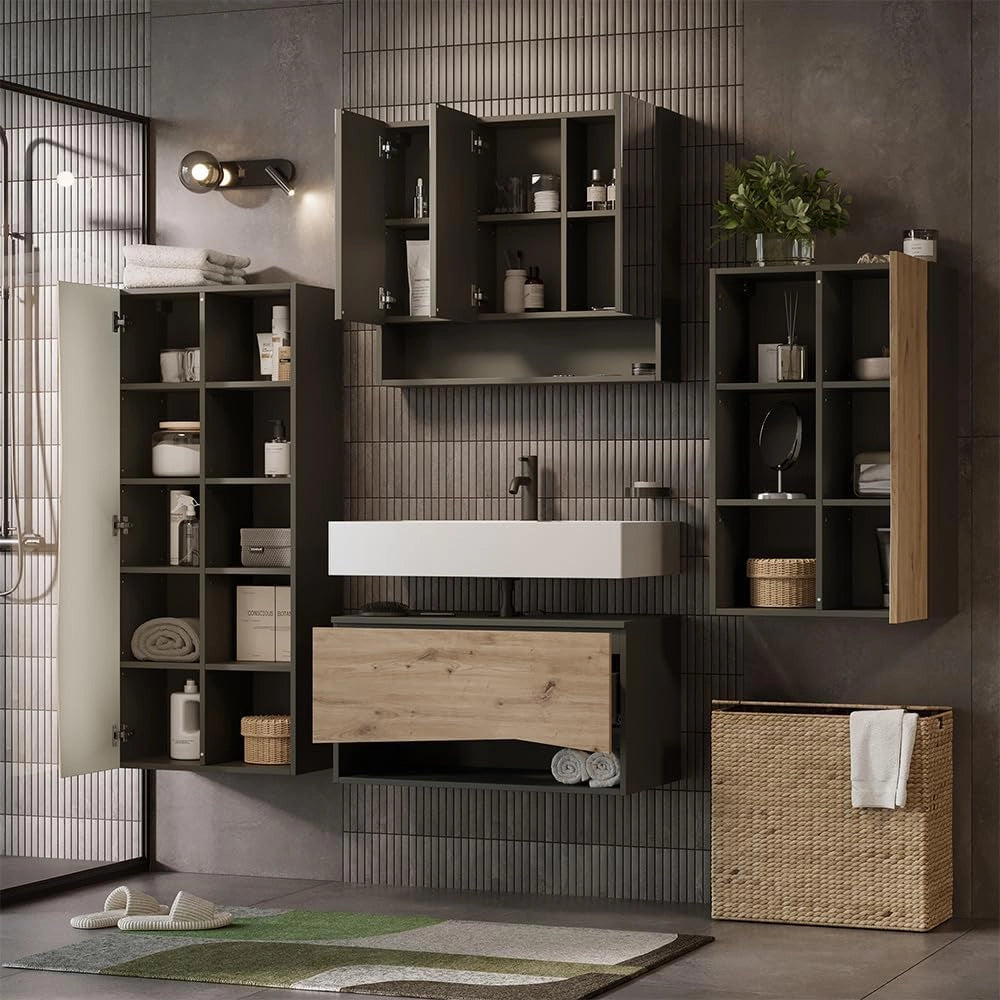 Set di mobili da bagno Willow, Artigiano, 80 cm, composto da mobile lavabo, pensile a specchio, colonna e base media