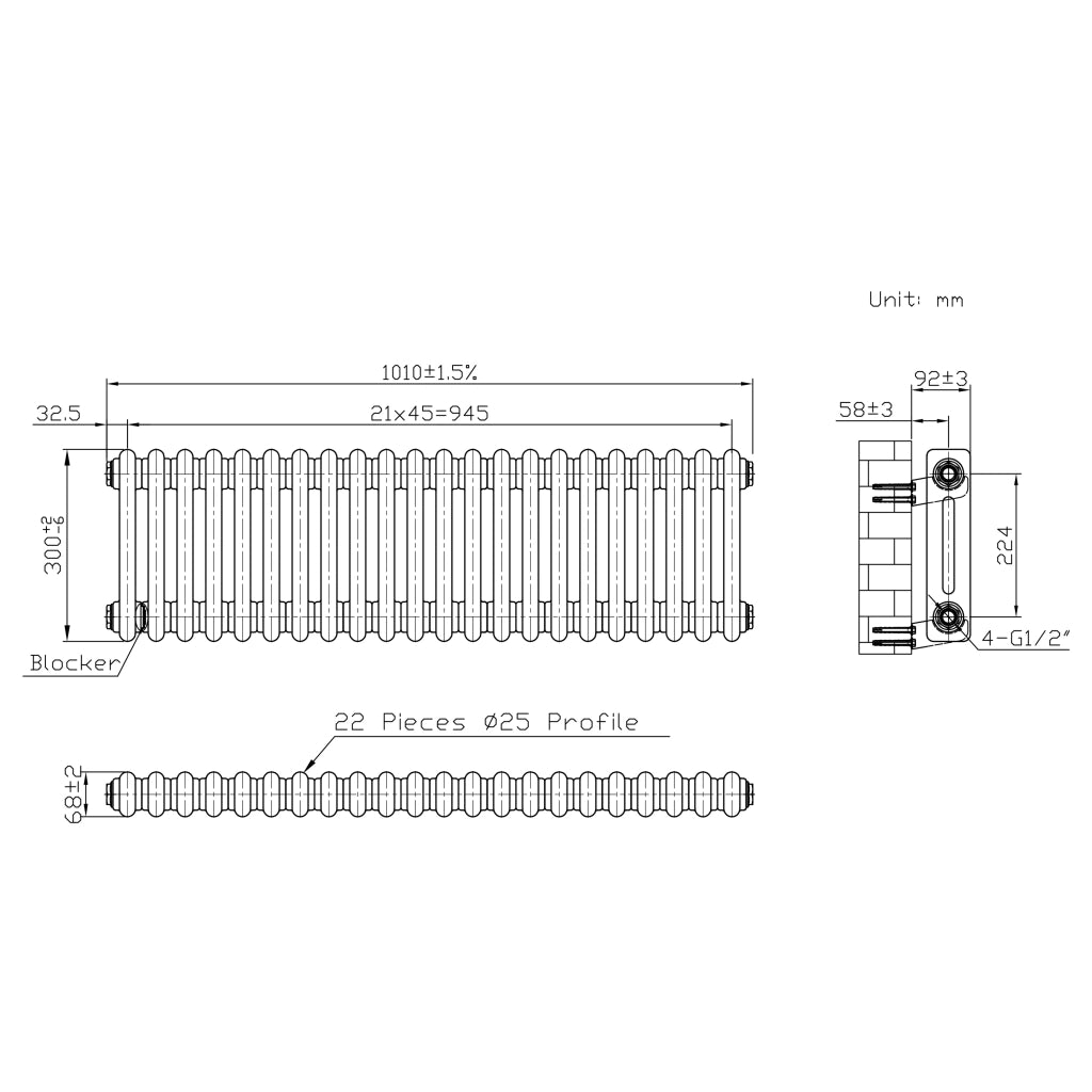 Radiatore 2 Colonne Orizzontale Metallo Grezzo 300x1010 mm