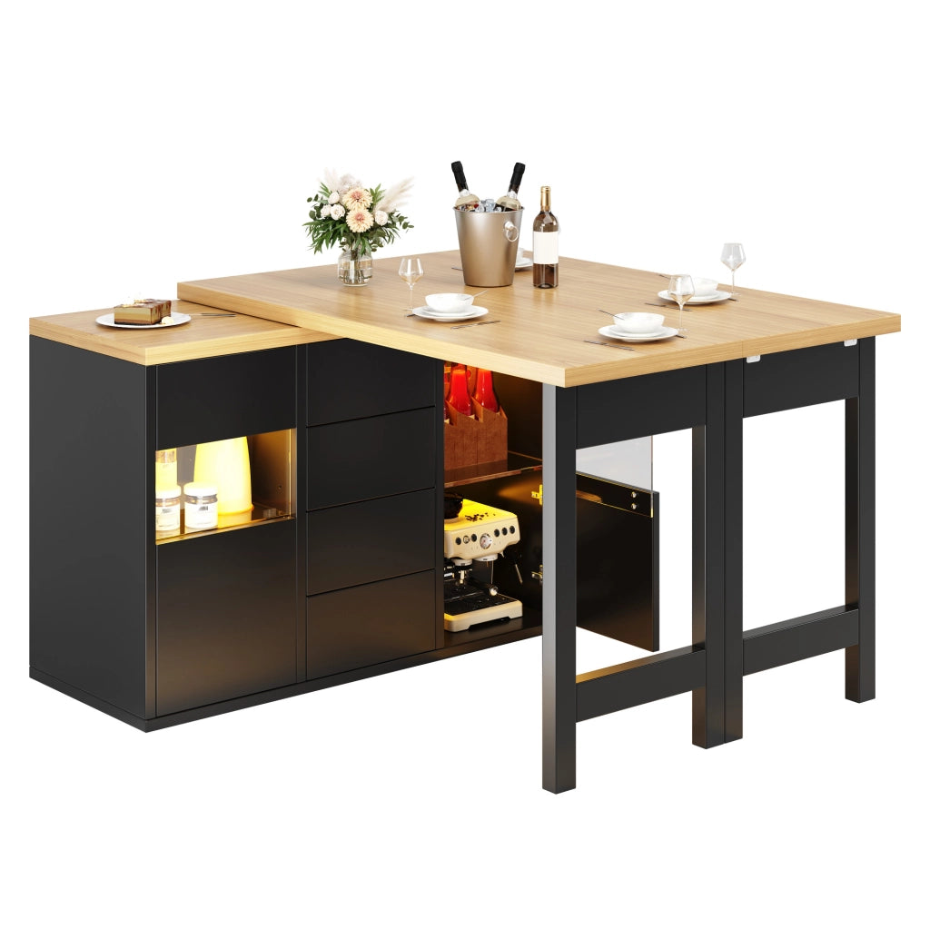 Isola cucina girevole 360° con illuminazione RGB controllata via app, 120-197 cm, ante in vetro e 4 ampi cassetti, bianco/nero