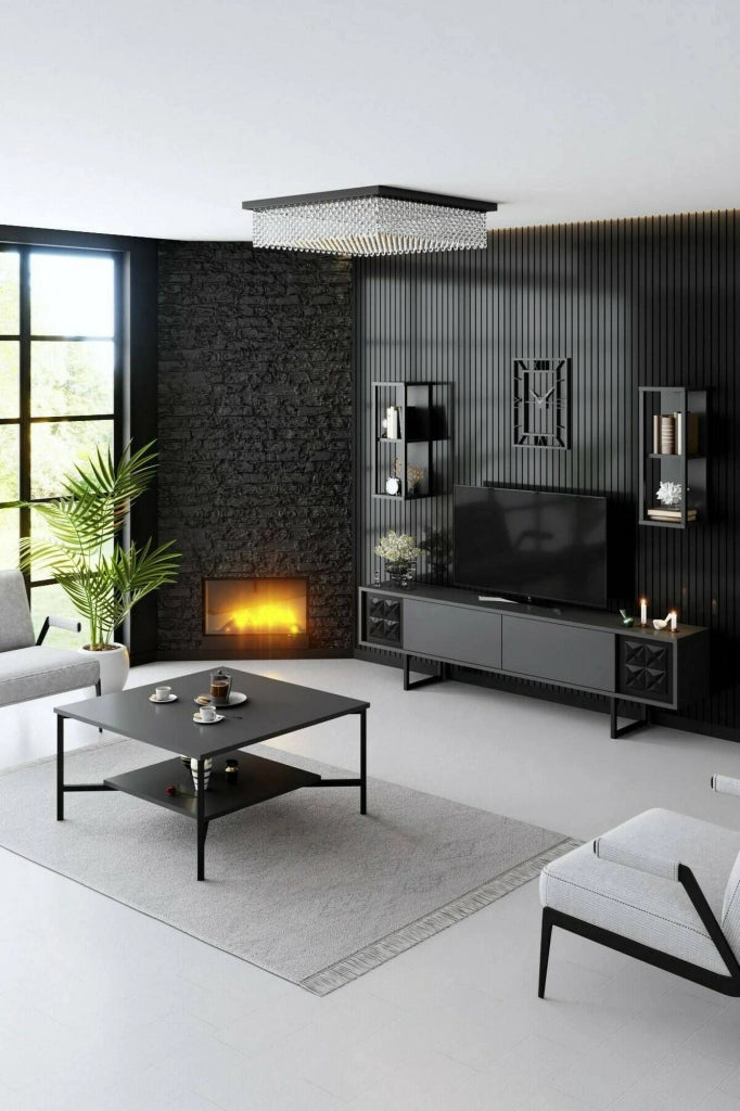 Mobile porta TV Axa, Credenza da soggiorno, Armadio basso per TV, Base parete attrezzata, 180x30h48 cm, Antracite e Nero