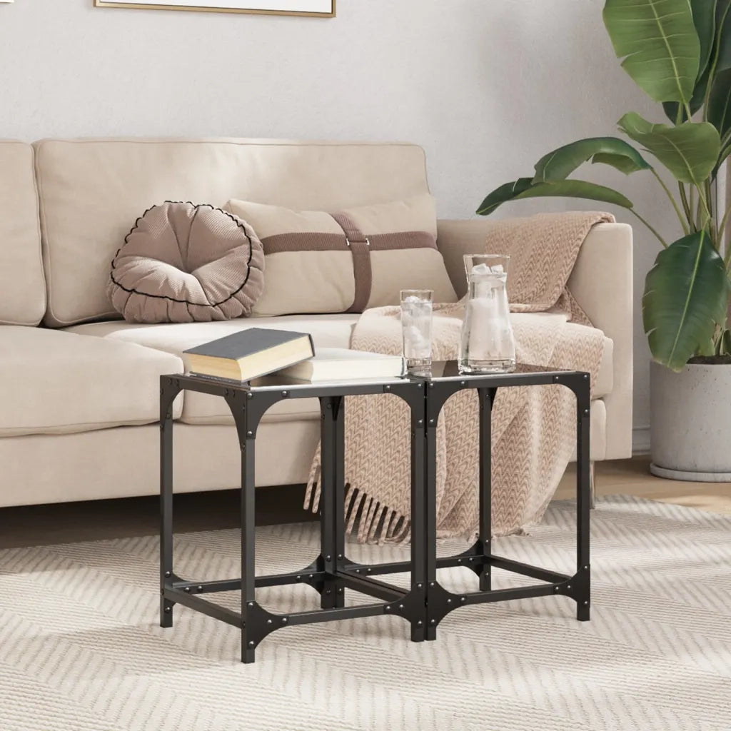 2 pz Tavolini da salotto | Tavolino da caff¨¨ | Tavolino da Soggiorno con Piano Vetro Nero 30x30x40cm Acciaio