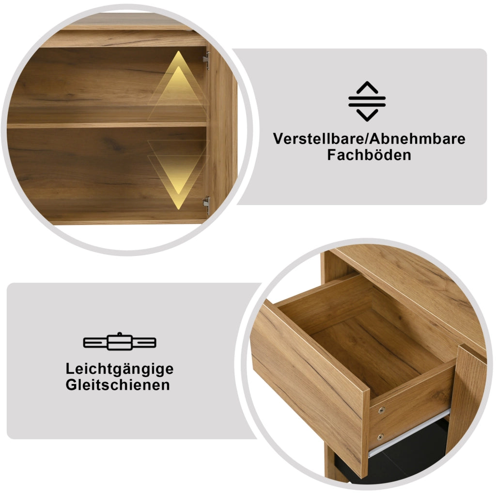Sideboard con 3 cassetti; 2 ante e LED multicolore; Naturale/Nero