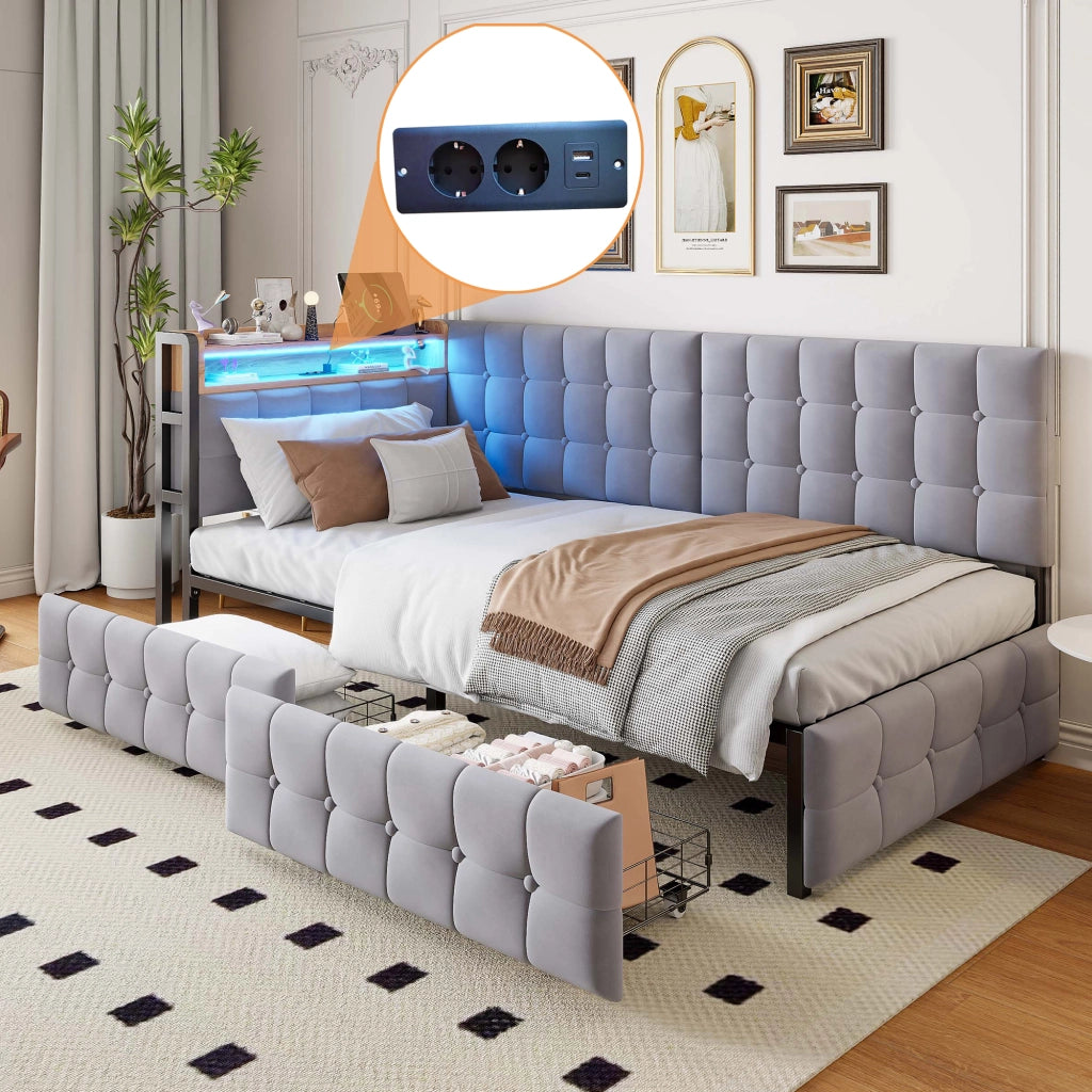 OKWISH Letto Divano 90×200 cm, Letto Singolo con 2 Cassetti, LED Regolabile e USB e Tipo C, senza Materasso, in Tessuto, Grigio