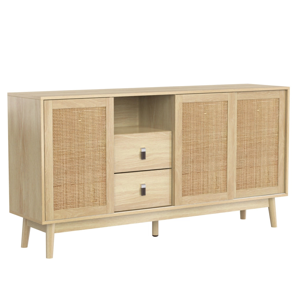 Credenza con 3 ante scorrevoli in rattan e 2 cassetti, MDF e pannelli truciolari, color legno 155 × 38 × 80 cm