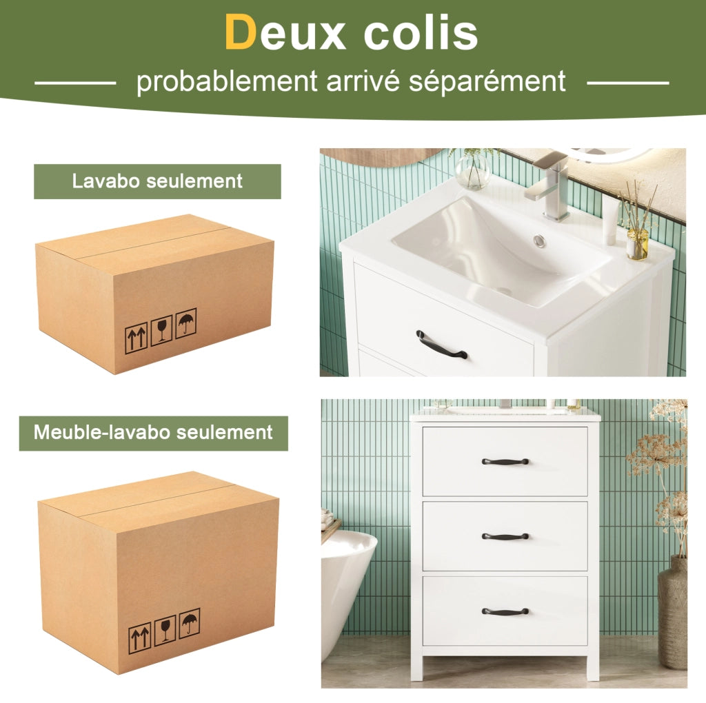 Mobile bagno ULEVR 61x47x83 cm con lavabo in ceramica e 3 cassetti, bianco