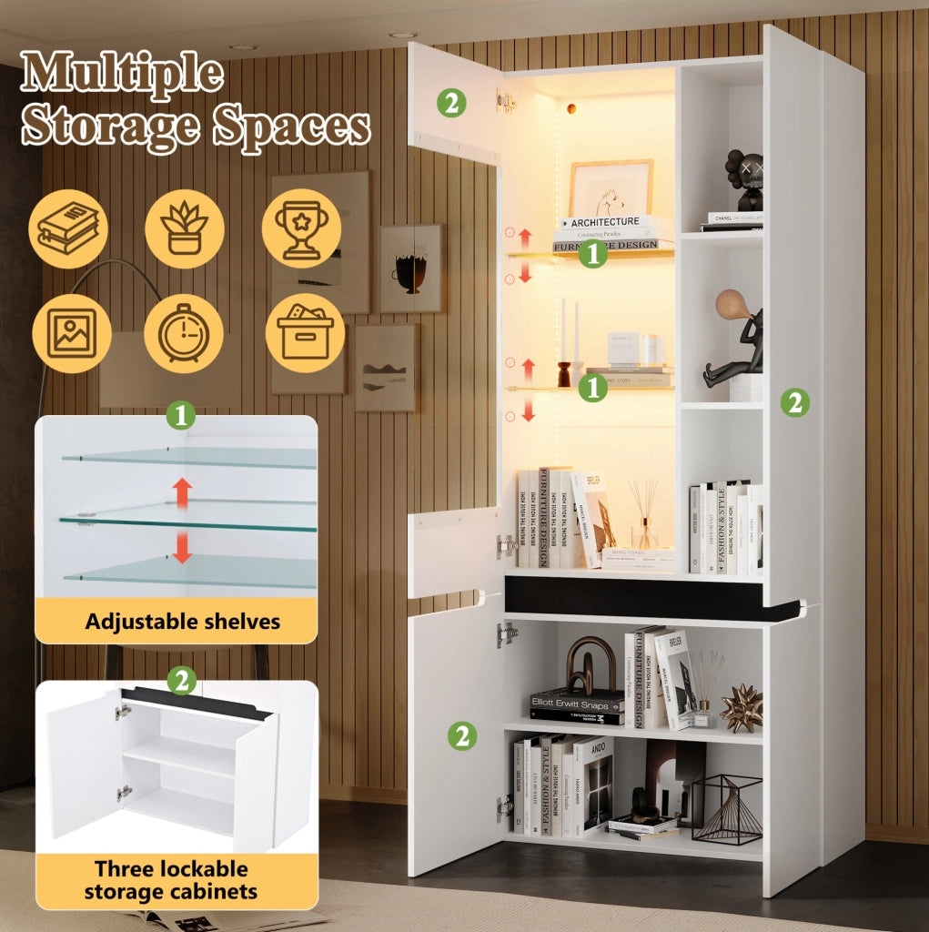 Vetrina verticale 80x35x180 cm con 4 ante; LED Bluetooth e ripiani in vetro regolabili; MDF bianco