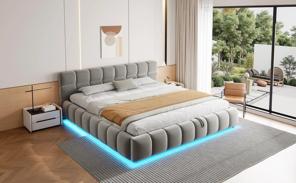 LETTO imbottito 180x200 cm in velluto grigio con contenitore idraulico e LED