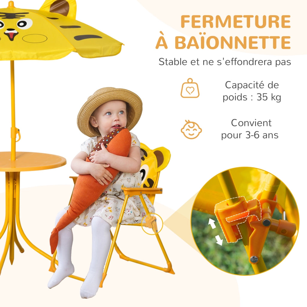 Set Mobili Giardino Bambini 4 pezzi Tigre ¨C Xylo ¨C Tavolo Rotondo 2 Sedie Pieghevoli Parasol Giallo