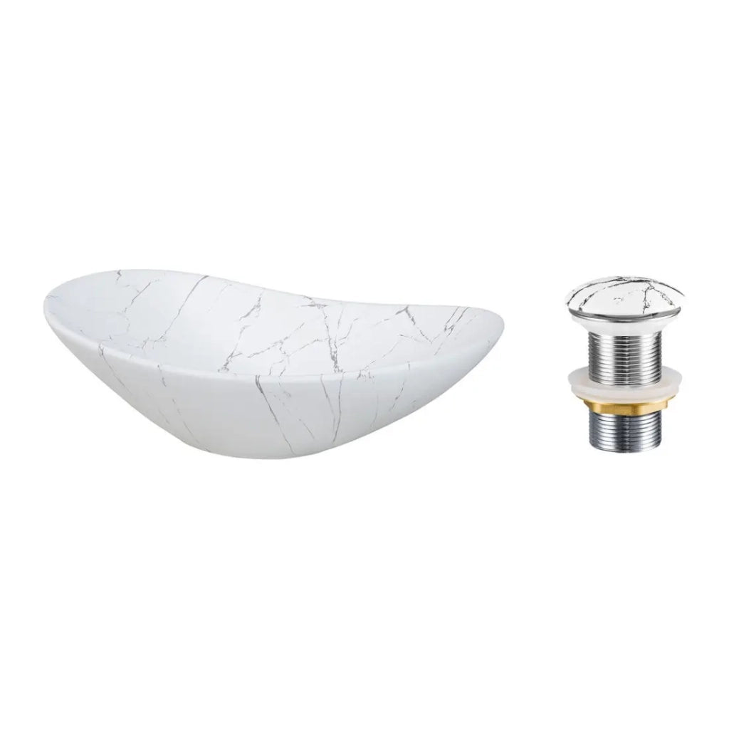 Lavabo ovale da appoggio 61,5x36 cm bianco effetto marmo con piletta click clack