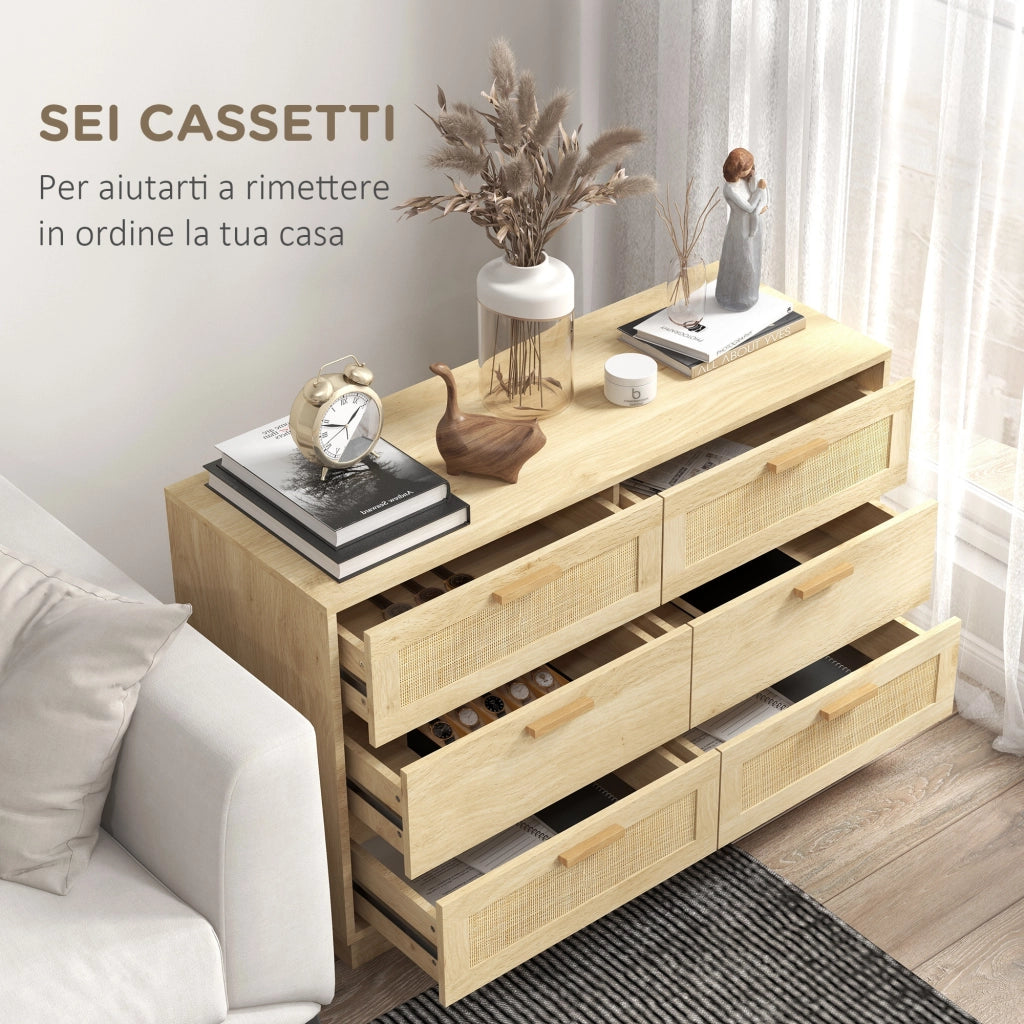 Cassettiera 6 Cassetti Stile Boho 110x40x69 cm in Legno e Rattan Rovere