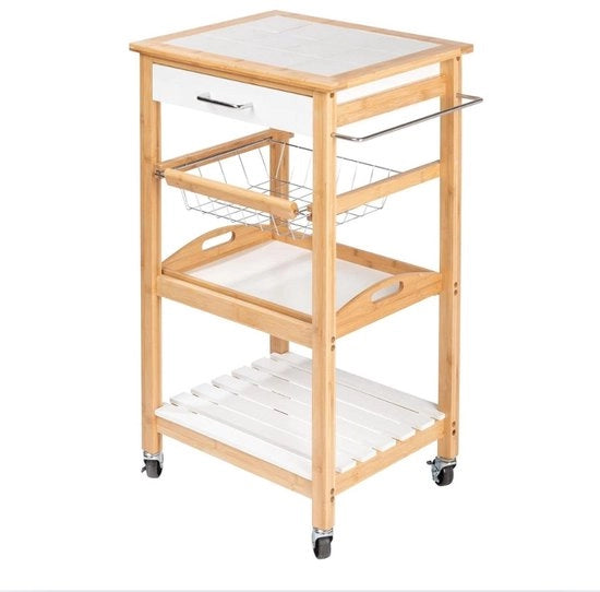 Trolley da Cucina – Stile Scandi Moderne, Bambù e MDF, Con 4 Ruote, Per Cucina, Sala da Pranzo, Salotto, Balcone