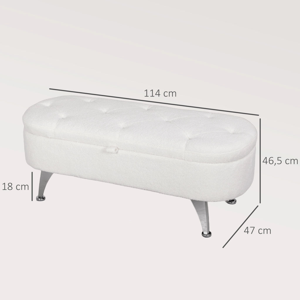 Panca contenitore imbottita con coperchio e gambe in metallo in poliestere bianco 114 × 47 × 46,5 cm