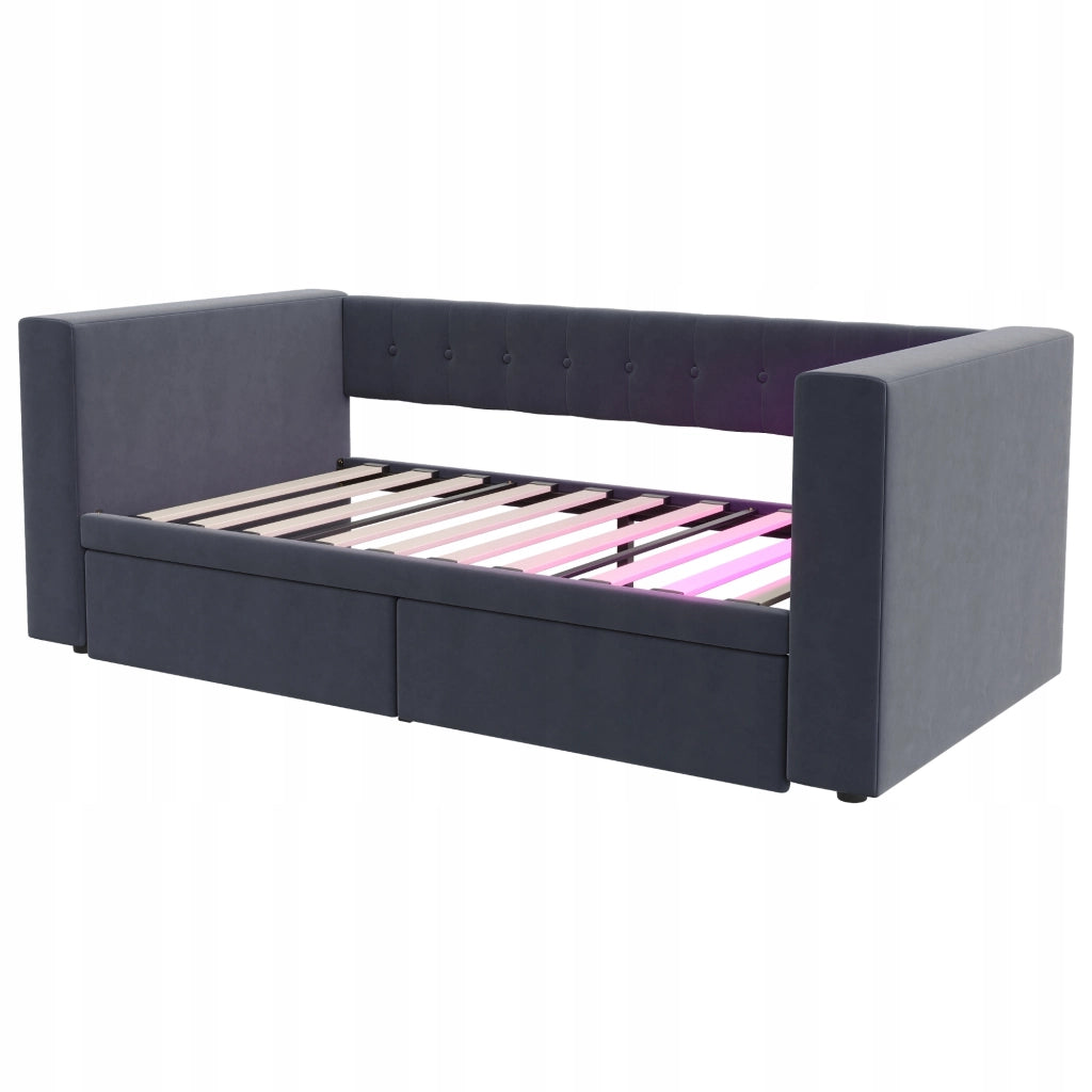 Letto imbottito 90x190 LED - Xylo - Grigio scuro, cassetti, presa