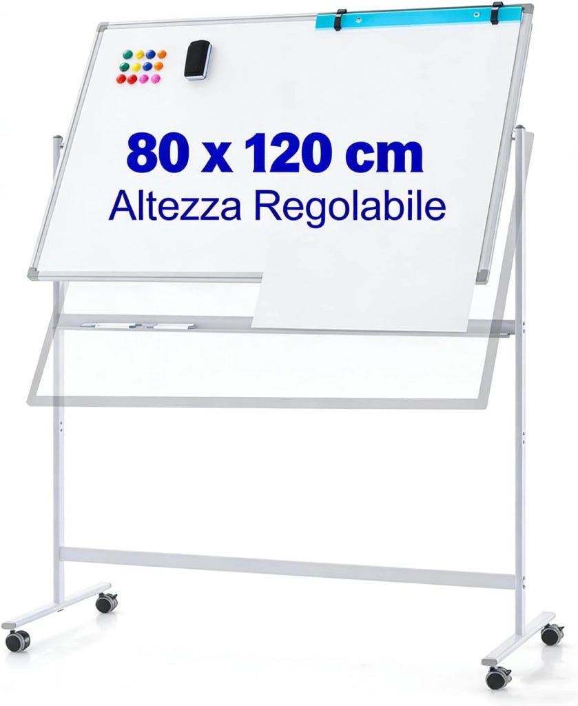 Lavagna Bianca Mobile 120 x 80 cm, Lavagna a Doppia Faccia Magnetica Cancellabile a Secco con Cavalletto e Ruote, Altezza Regolabile 2 Livelli, Accessori Completi (Bianco)