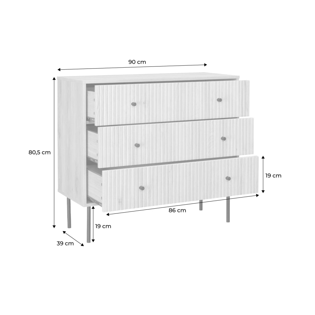 Cassettiera, decoro in legno scanalato, 3 cassetti, marrone naturale
