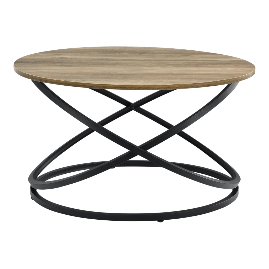 Tavolino da Salotto Dunedin con Piano Rotondo e Base Spirale - Effetto Legno / Nero [en.casa]