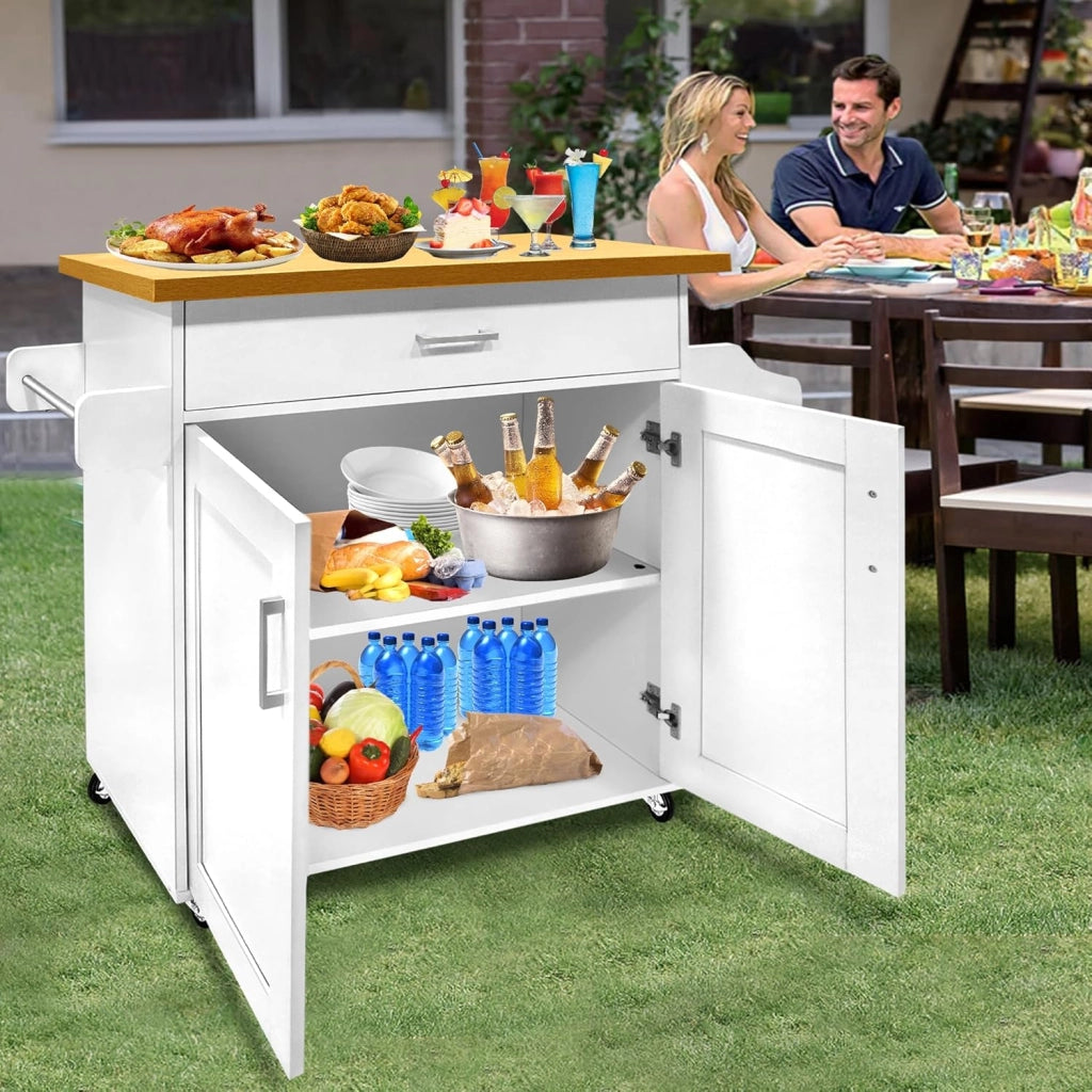 Carrello da Cucina con Ruote e Piano di Lavoro, Carrello Servizio in Legno con Portasciugamani e Portaspezie, Mobile Credenza Cucina Bianco, 115x90x36 cm