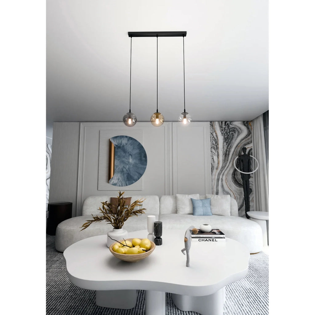 Sospensione Moderna 3 Luci Kali In Acciaio Nero E Sfere In Vetro Multicolor