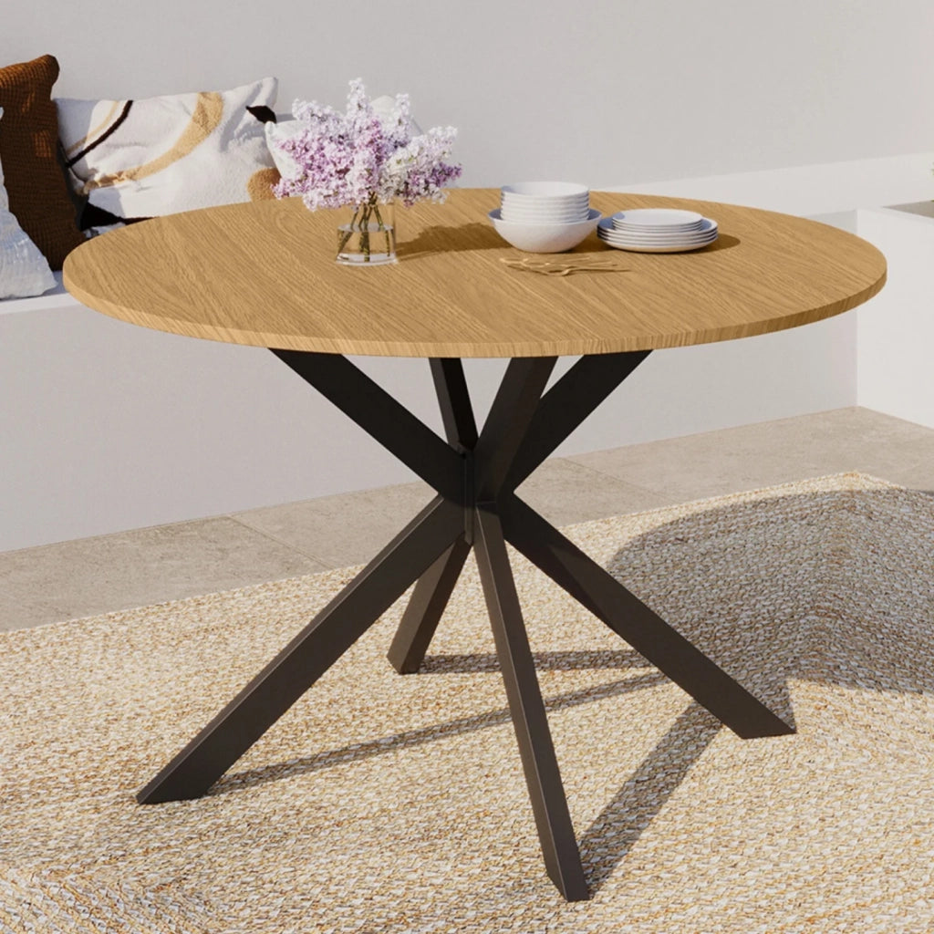 IDMarket - Tavolo da giardino rotondo MESSINA, 120 cm, 6 posti, gamba a ragno, piano in metallo effetto legno