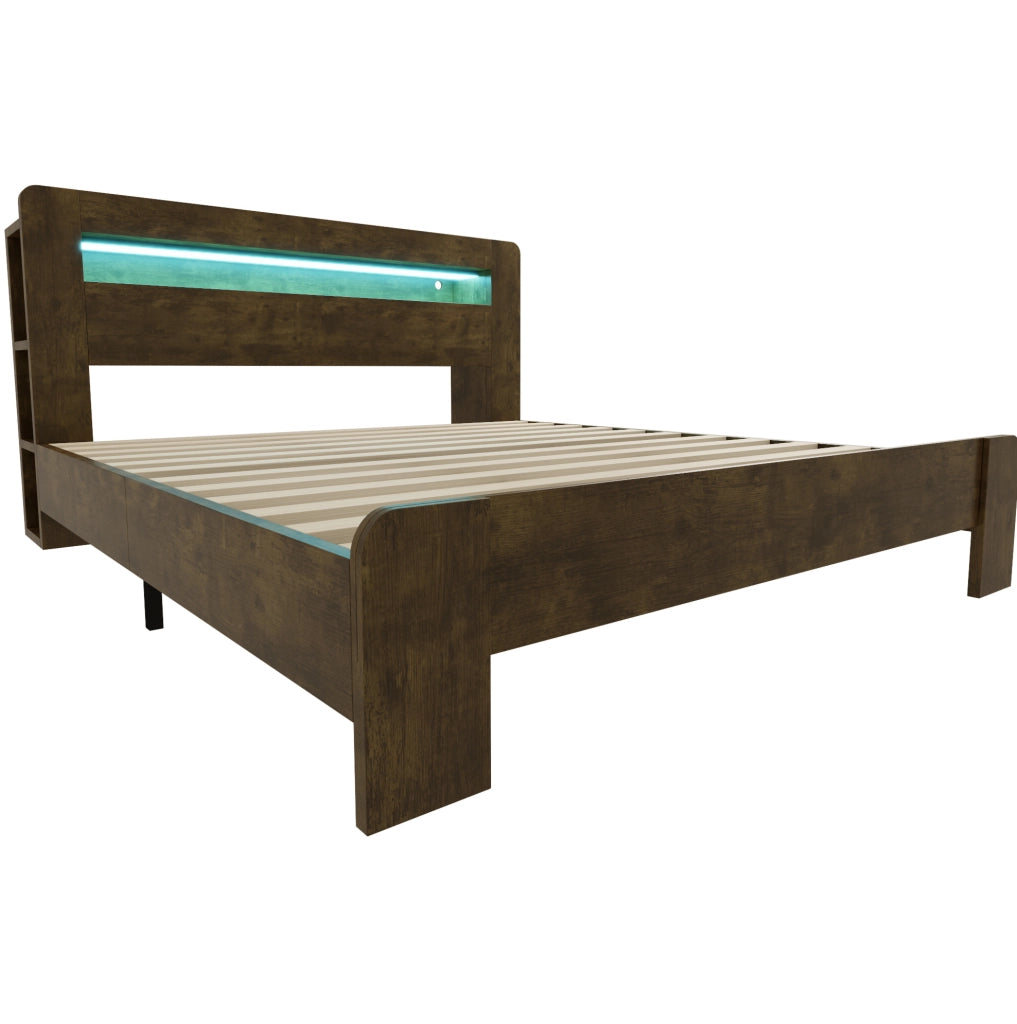 Letto matrimoniale in legno 180x200 con testiera contenitore, LED e prese integrate