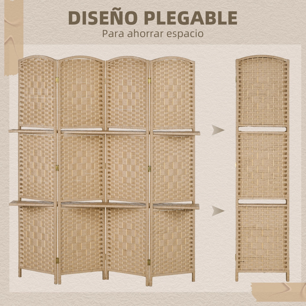 Biombo Separatore 4 Pannelli con Ripiani ¨C zephmum ¨C Legno Naturale 160x170 cm