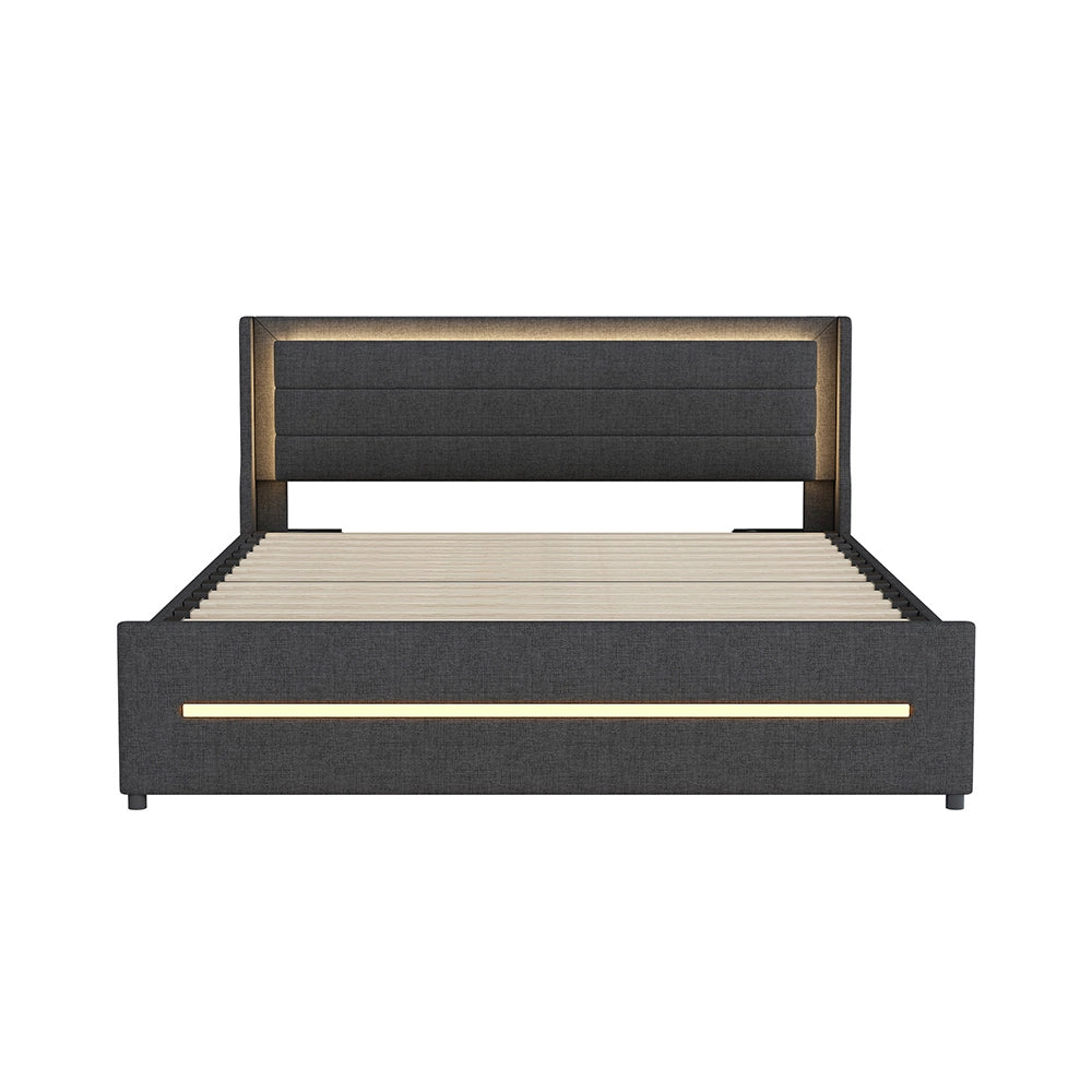 Letto imbottito con LED colorati - Xylo - 160x200 cm - Grigio - Con 4 cassetti
