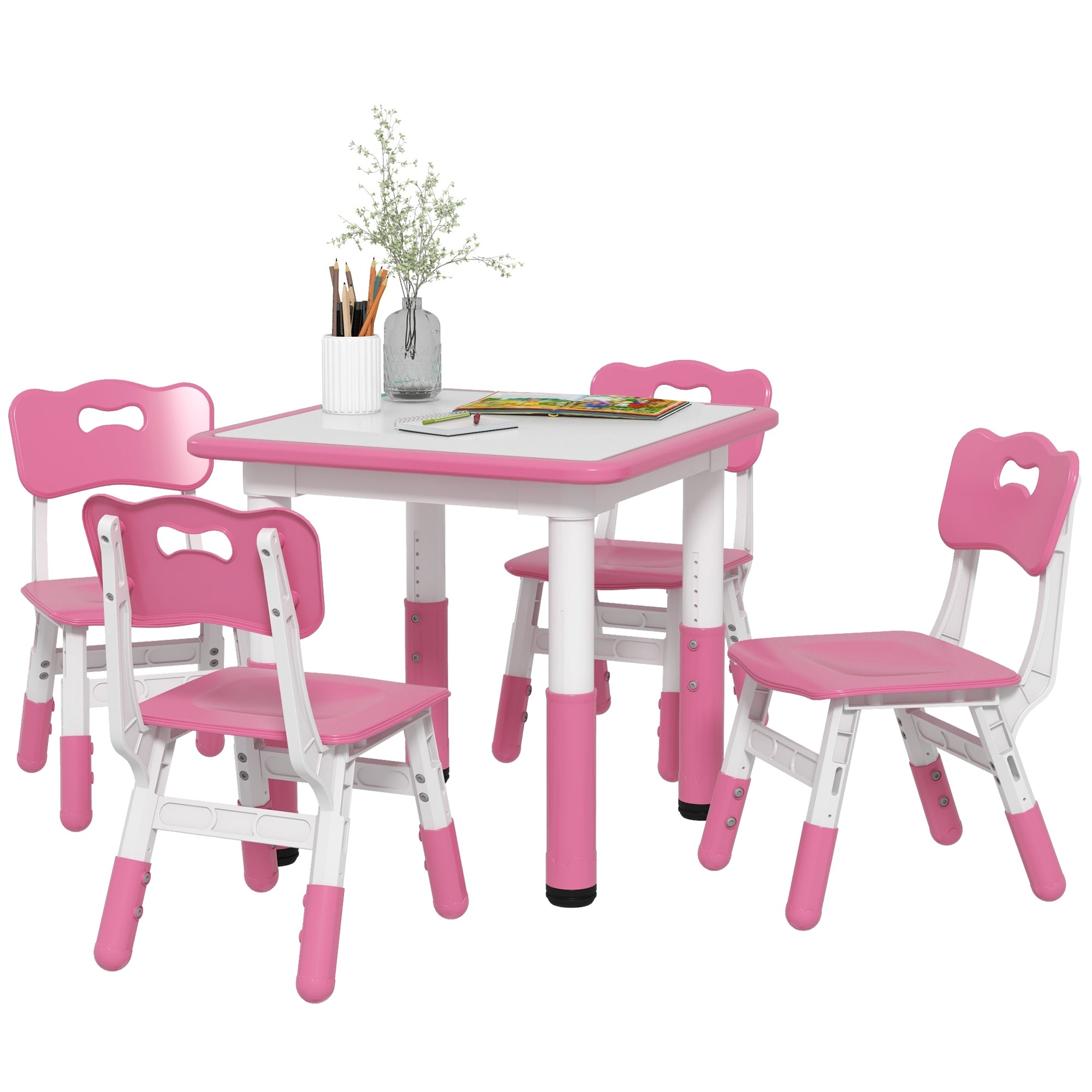 Set Tavolo con 4 Sedie per Bambini Altezza Regolabile Rosa