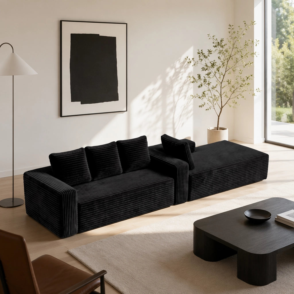 Divano angolare modulare reversibile con chaise longue e seduta profonda in velluto a coste nero