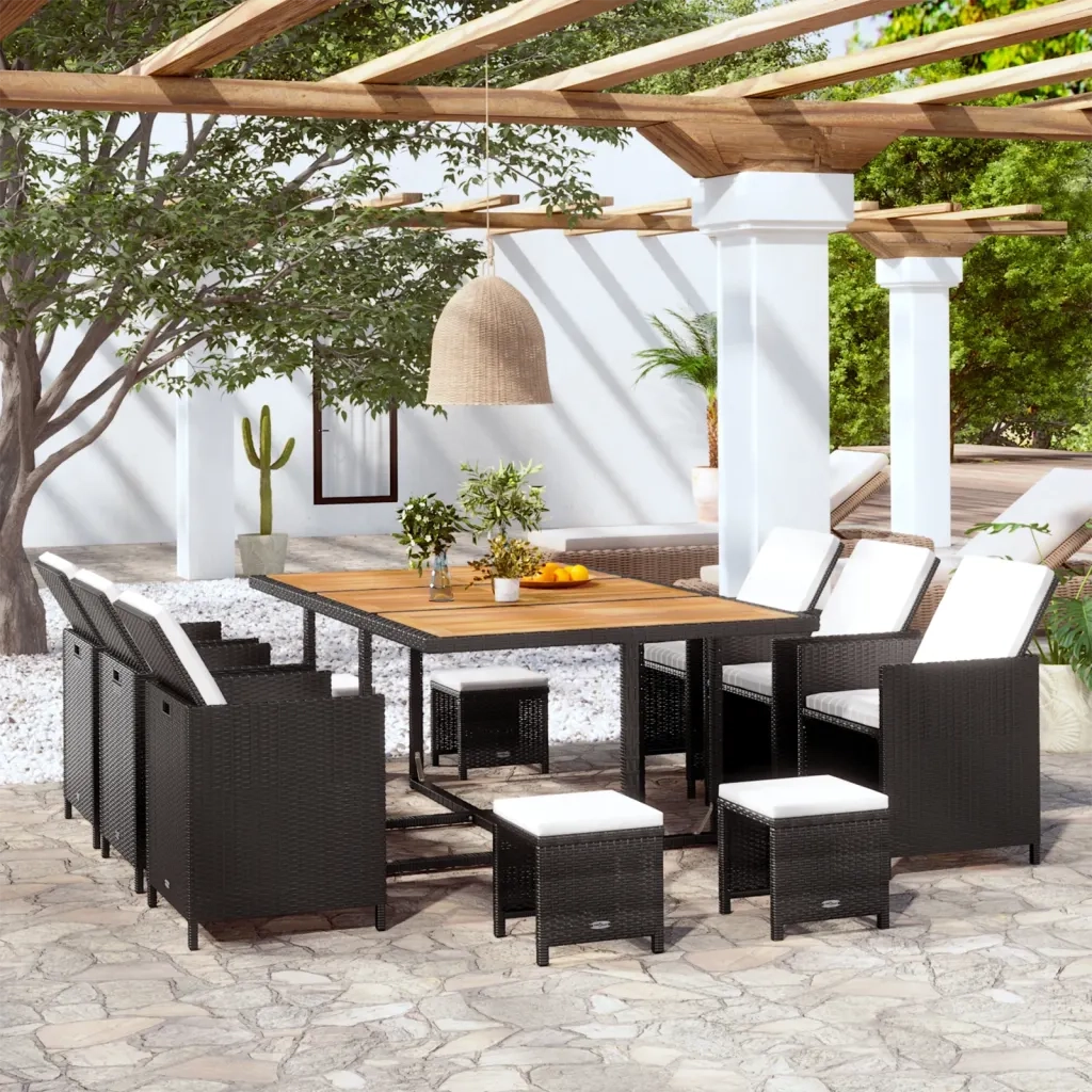 Set da Pranzo da Giardino 11 pz con Cuscini in Polyrattan Nero  cod mxl 57472