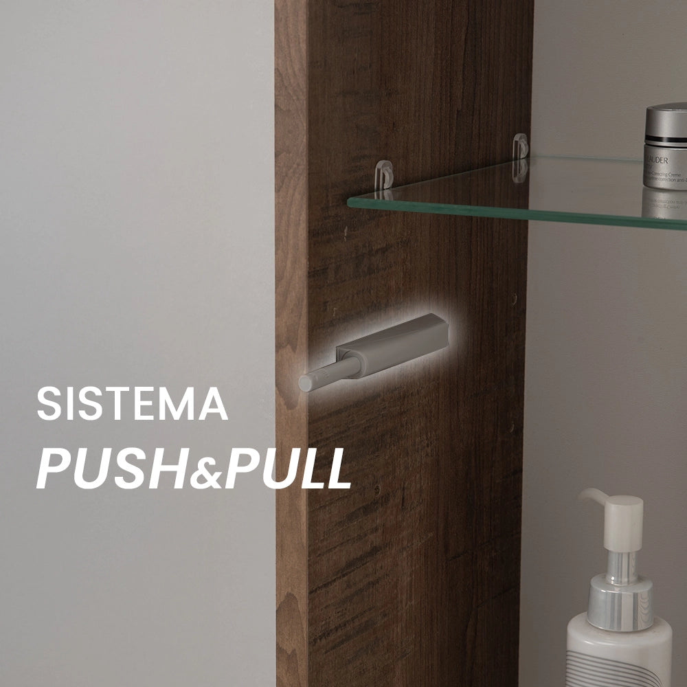 Mobile bagno sospeso 80 cm in legno tabacco e tortora 2 cassetti, colonna, lavabo e specchio Smok