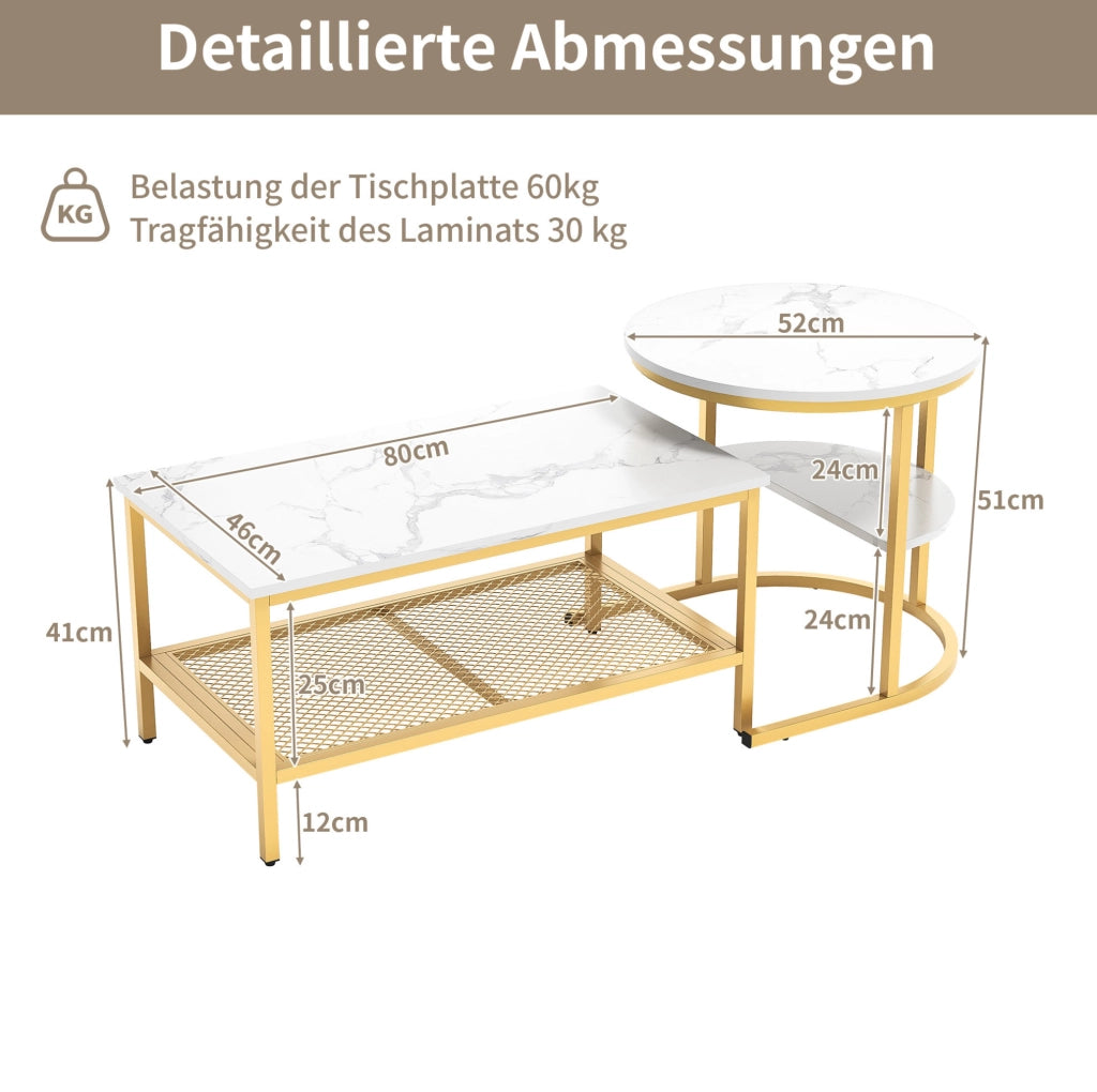 Set di tavolini da salotto impilabili con piano effetto marmo; legno e acciaio inox; oro