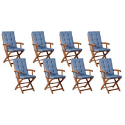 Set di 8 sedie da giardino pieghevoli in legno di acacia con cuscini blu in tessuto resistente ai raggi UV e all'acqua