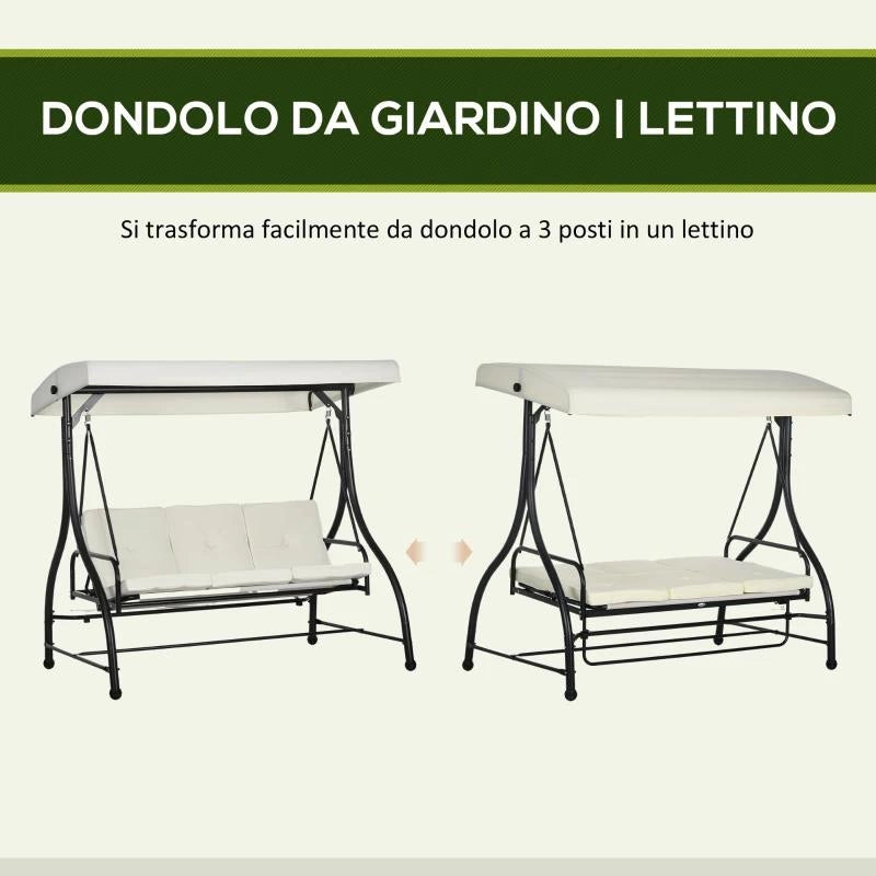 DONDOLO LETTO DA GIARDINO 3 POSTI CON TETTUCCIO REGOLABILE, IN ACCIAIO E POLIESTERE, 195X117X175 CM, CREMA E NERO